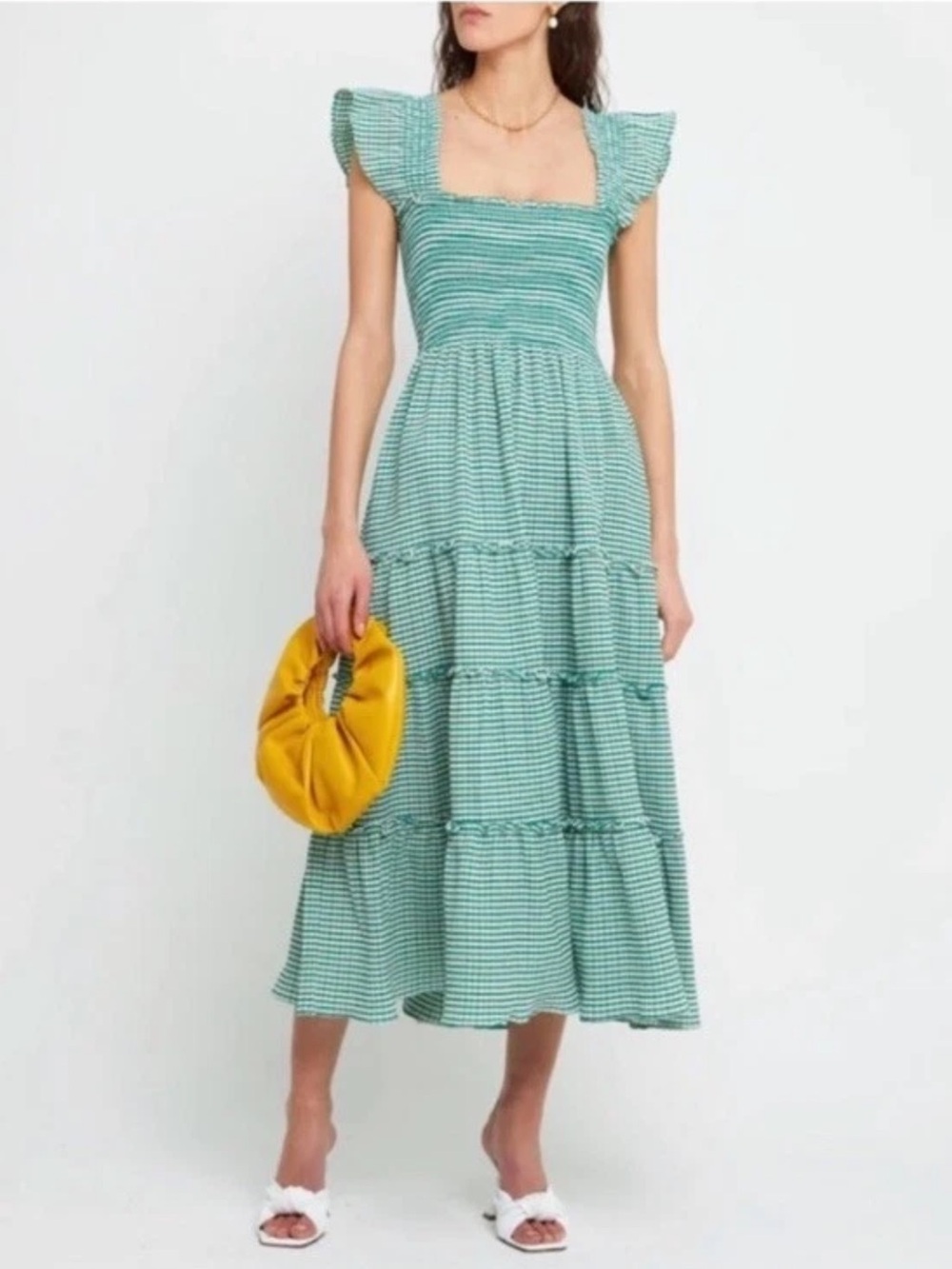Kourt Gingham Calypso Maxi Dress Square Neckline Smocked Green White Med Ruffle